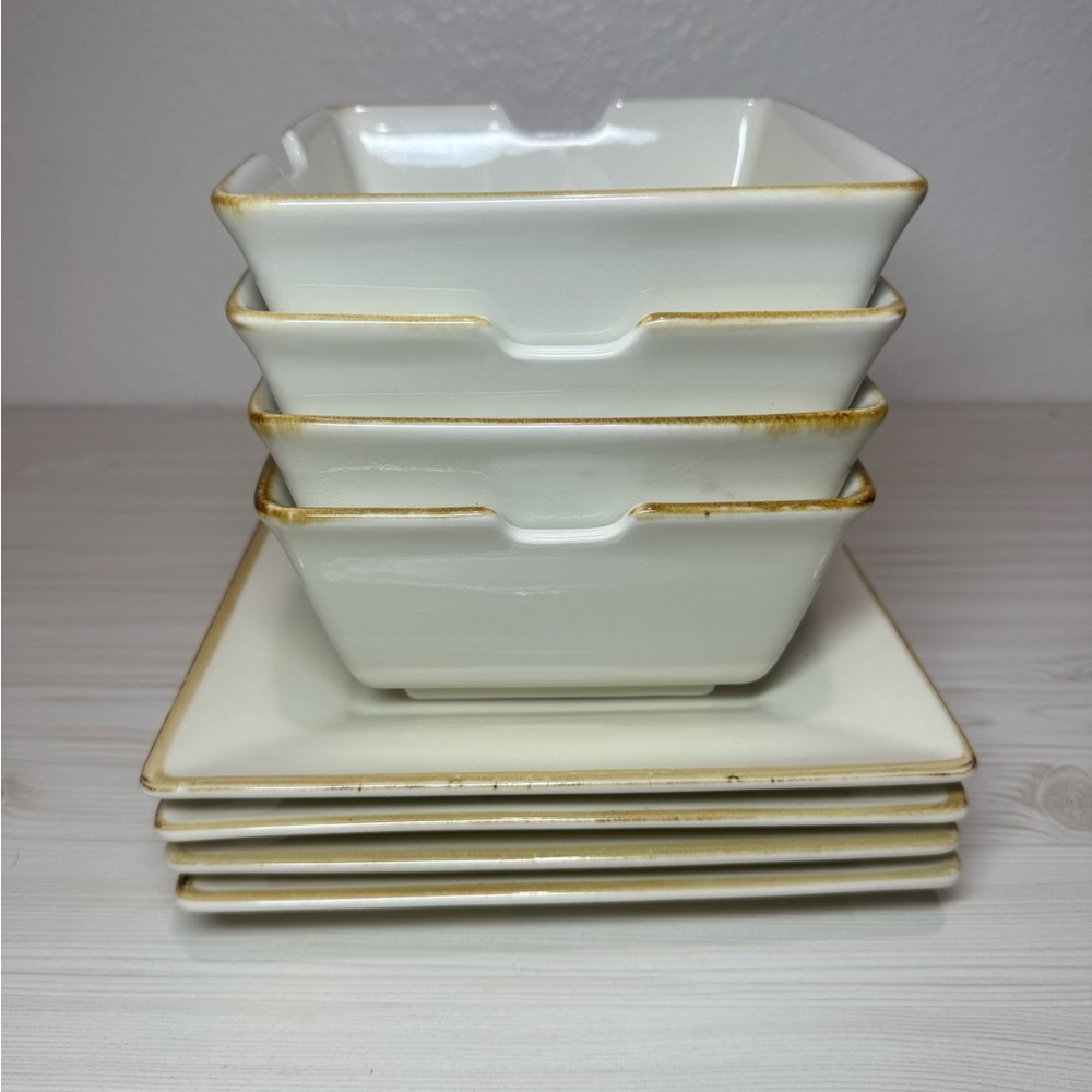 Pottery Barn SQUARE Putty (Cream) Pho Soup Noodle Bowls & Plate X4 Made In Japan